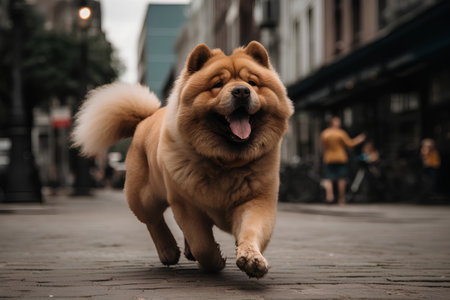 Cute chow-chow dog is walking on the streetの素材