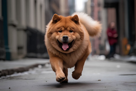 Beautiful chow chow dog running in the city street.の素材