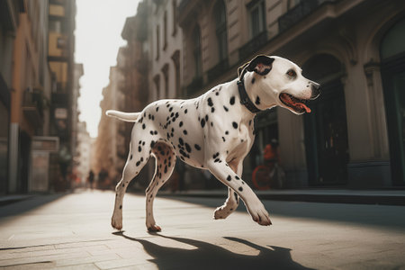 Dalmatian dog running on the street in the city.の素材