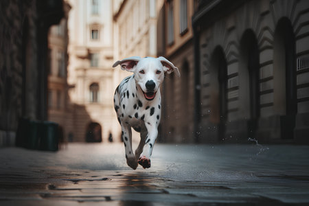 Adorable Dalmatian dog running on the street in the rainの素材