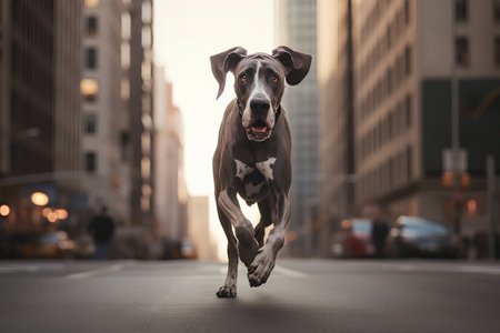 Adorable dog running on the street at sunset. This is a 3d render illustration.の素材