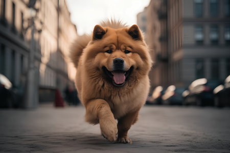 Cute chow chow dog running in the city street.の素材