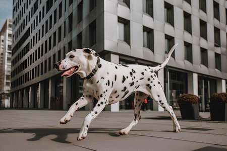 Dalmatian dog running in the city on a sunny dayの素材