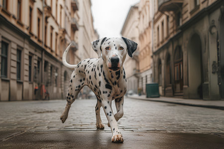 Dalmatian dog running on the street in the city.の素材