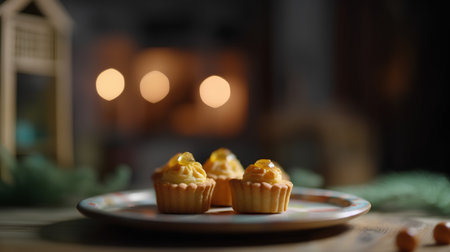 Cupcakes with butter cream on a plate in front of a fireplaceの素材