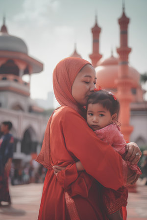 Muslim mother with her daughter at the mosque in Kuala Lumpur, Malaysiaの素材