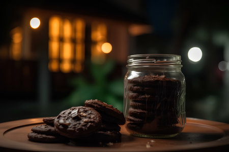 Chocolate chip cookies in glass jar on wooden table with blurred backgroundの素材