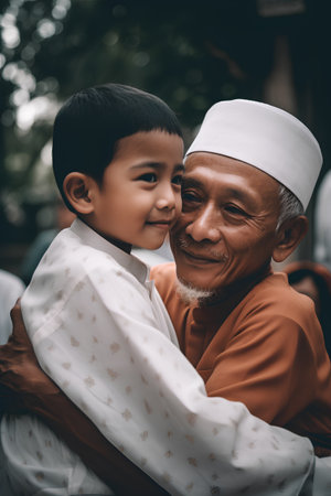 Portrait of an old muslim man with his grandson in the mosqueの素材