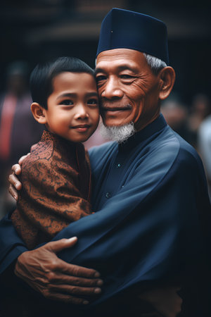 Portrait of happy asian grandfather and grandson in traditional clothes.の素材