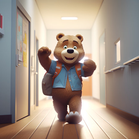 Teddy bear in school corridor. Education concept. 3D rendering.の素材
