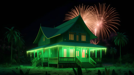 Colorful fireworks display over wooden house on the beach at night.の素材
