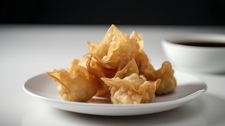 Fried Dumplings with soy sauce on a white plate and black backgroundの素材