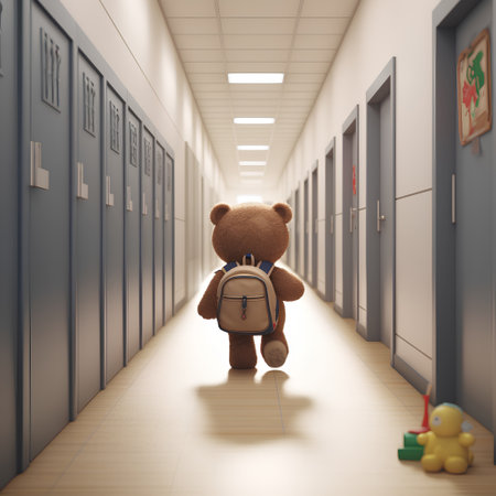 school corridor with teddy bear and school supplies (3d render)の素材