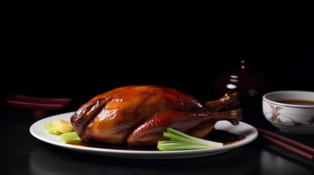 Roast chicken on a black background with chopsticks and soy sauceの素材