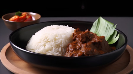 Japanese beef curry with rice on a black background, close-upの素材