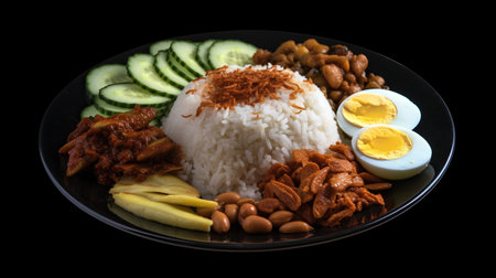 Rice with pork and vegetables on black background,Thai foodの素材