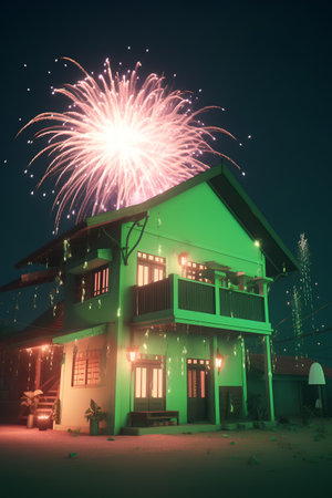 Luxury house with fireworks in the night,3d renderの素材