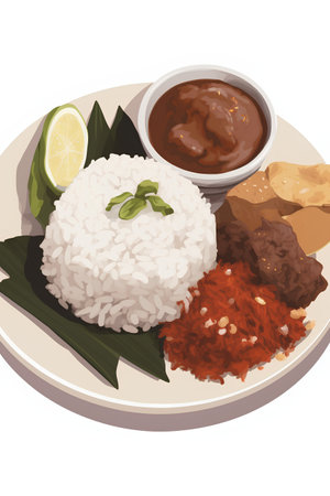 Illustration of a plate of rice with a spicy sauce on a white backgroundの素材