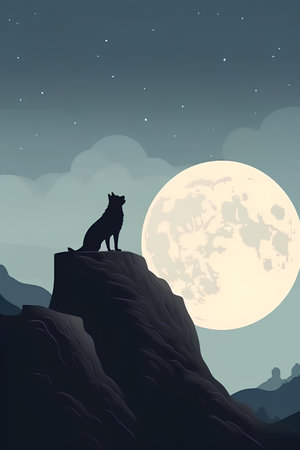 Wolf on the cliff with full moon in the background, vector illustrationの素材