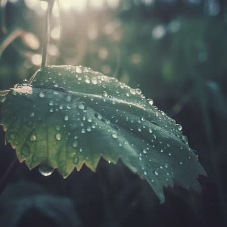 Water drops on the leaves of a strawberry plant. Vintage style.の素材