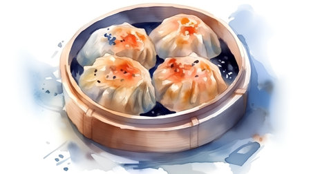 Chinese steamed dumplings in bamboo steamer. Watercolor illustrationの素材