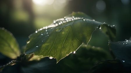 Green leaf with dew drops in the morning sunlight. Nature backgroundの素材