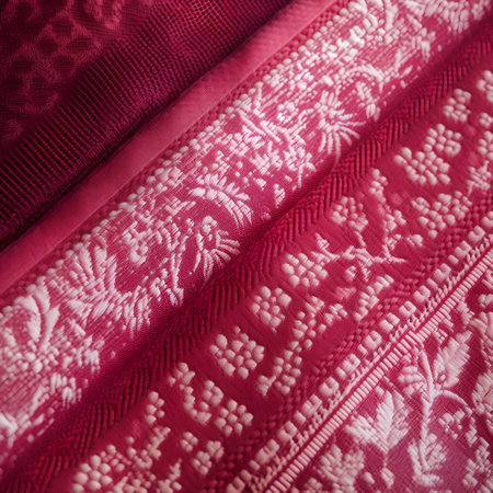 Closeup of the detail of a red fabric with lace pattern.の素材