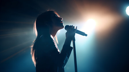 Silhouette of a female singer on stage with rays of lightの素材