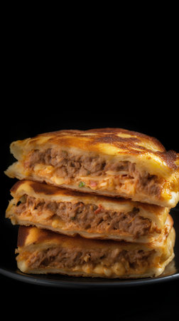 Closeup of a stack of tasty lasagna on a black backgroundの素材