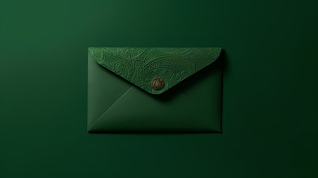 Envelope on a green background. Flat lay, top view.の素材