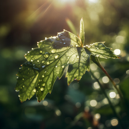 Morning dew on the leaves of a strawberry in the rays of the sunの素材