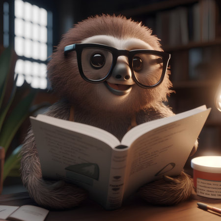 Sleeping sloth in glasses reading a book at night.の素材