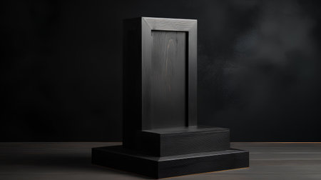 Black wooden pedestal on black wall background. 3d rendering.の素材