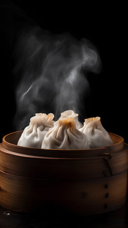 Chinese steamed dumplings in bamboo steamer on black backgroundの素材