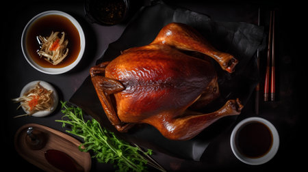 Roast chicken with soy sauce and ginger on a black background.の素材