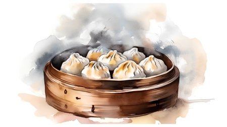 Illustration of Chinese steamed dumplings in bamboo steamerの素材