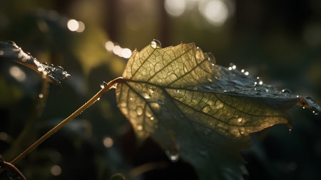 Morning dew on the leaves of a grapevine, close-upの素材