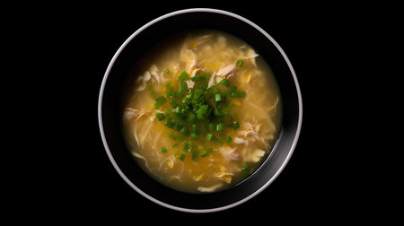 Chicken noodle soup with green onion in bowl isolated on black backgroundの素材