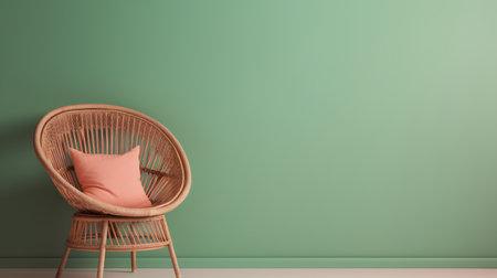 Wicker armchair in front of green wall. 3d renderの素材