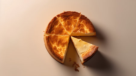 Piece of cheese pie on a beige background, top viewの素材