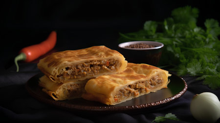 Baklava with meat and vegetables on a black background.の素材