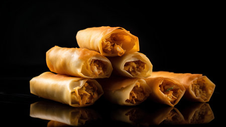 Fried spring rolls on a black background. Selective focus.の素材