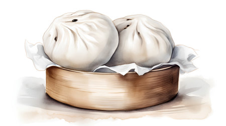 Steamed dumplings in bamboo steamer. Watercolor hand drawn illustrationの素材