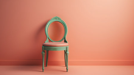 Classic green chair on orange wall background. 3d render illustration.の素材