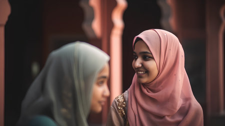 Young Muslim woman with her daughter at the mosque in Kolkata, Indiaの素材