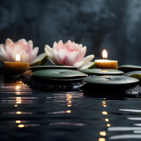 Spa still life with water lily, candles and zen stonesの素材