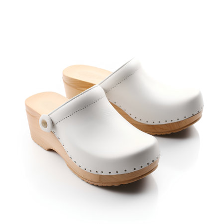Wooden slippers isolated on white background. Clipping path included.の素材