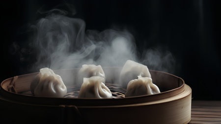 Chinese steamed dumplings in bamboo steamer on black backgroundの素材