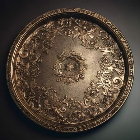 Vintage bronze plate with floral ornament on a dark background. Toned.の素材