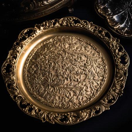 Antique brass tray on a black background, close-up.の素材